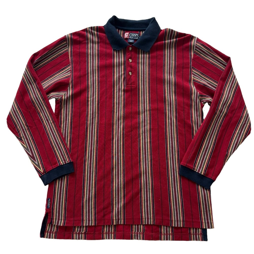 VTG Ralph Lauren Chaps Shirt Men's Large Red Navy Striped Long Sleeve Rugby Polo